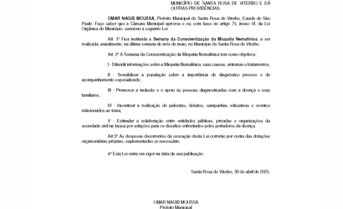 Prefeito Omar Nagib sanciona lei que institui a Semana de Conscientização da Miopatia Nemalínica em Santa Rosa de Viterb
