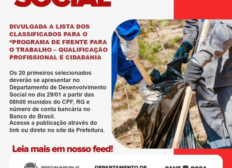 DIVULGADA A LISTA DOS CLASSIFICADOS PARA O “PROGRAMA DE FRENTE PARA O TRABALHO 