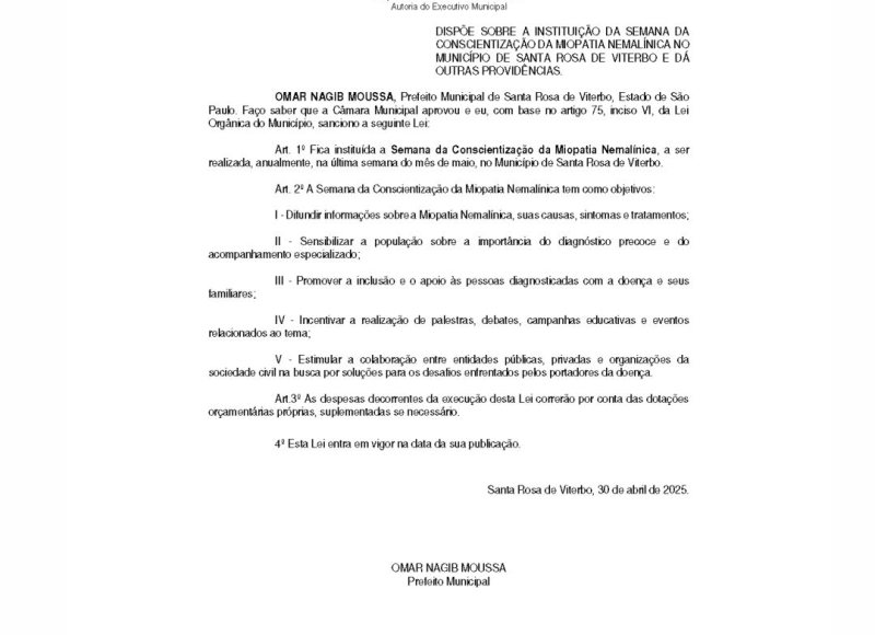 Prefeito Omar Nagib sanciona lei que institui a Semana de Conscientização da Miopatia Nemalínica em Santa Rosa 