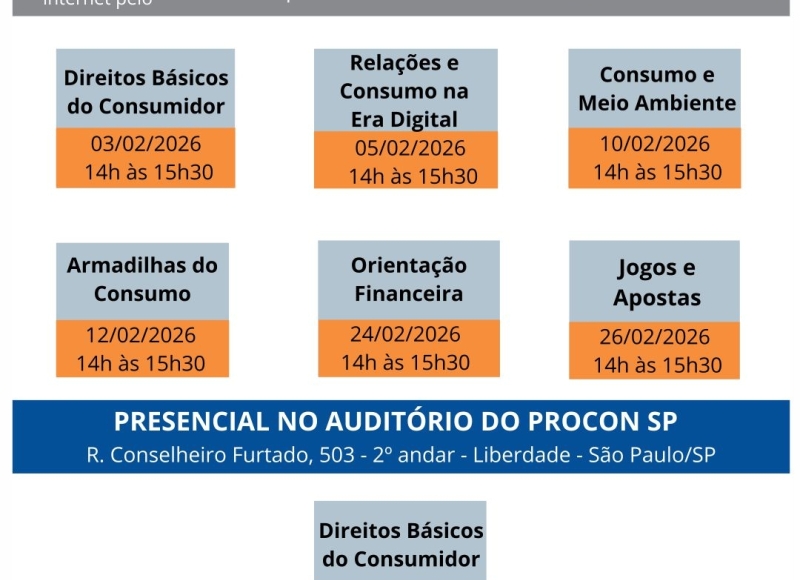 A Fundação Procon-SP informa a agenda das Palestras (online e presencial), que serão realizadas no mês de fevereiro de 2
