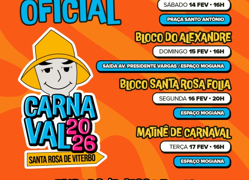 Carnaval 2026: Prefeitura de Santa Rosa de Viterbo divulga programação oficial da folia