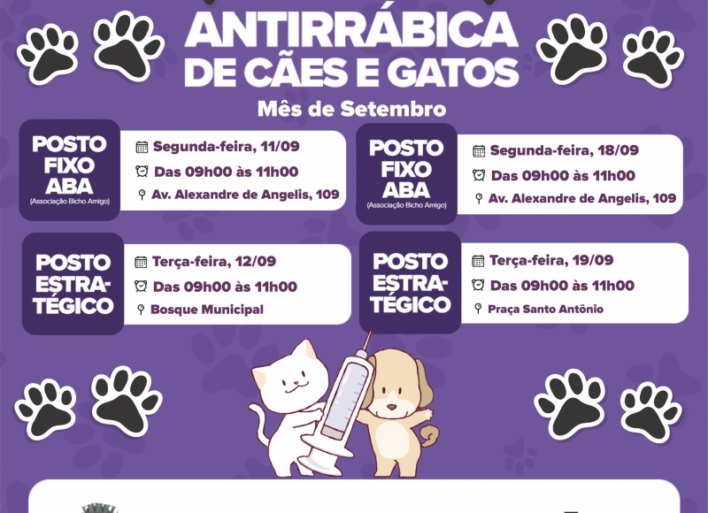 Serviço Veterinário Municipal informa o cronograma da Vacinação Antirrábica no mês de setembro
