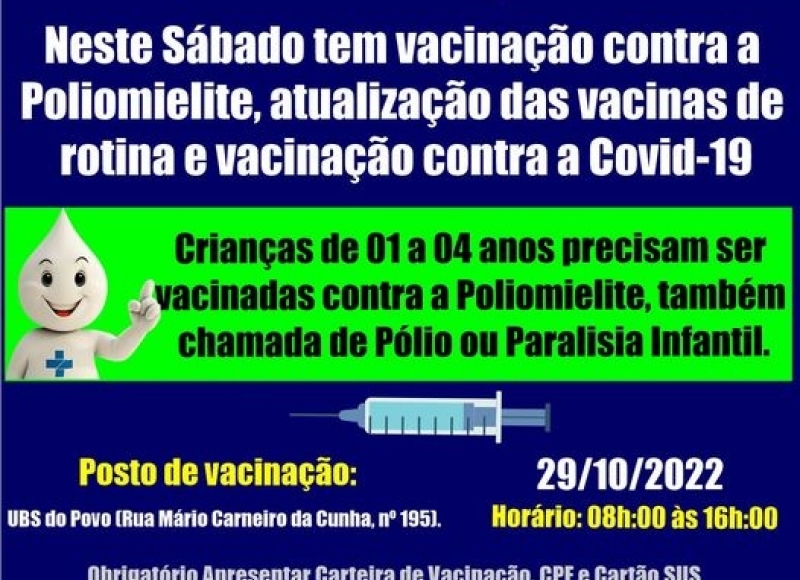 Departamento Municipal de Saúde informa novos horários para a vacina contra a Covid-19